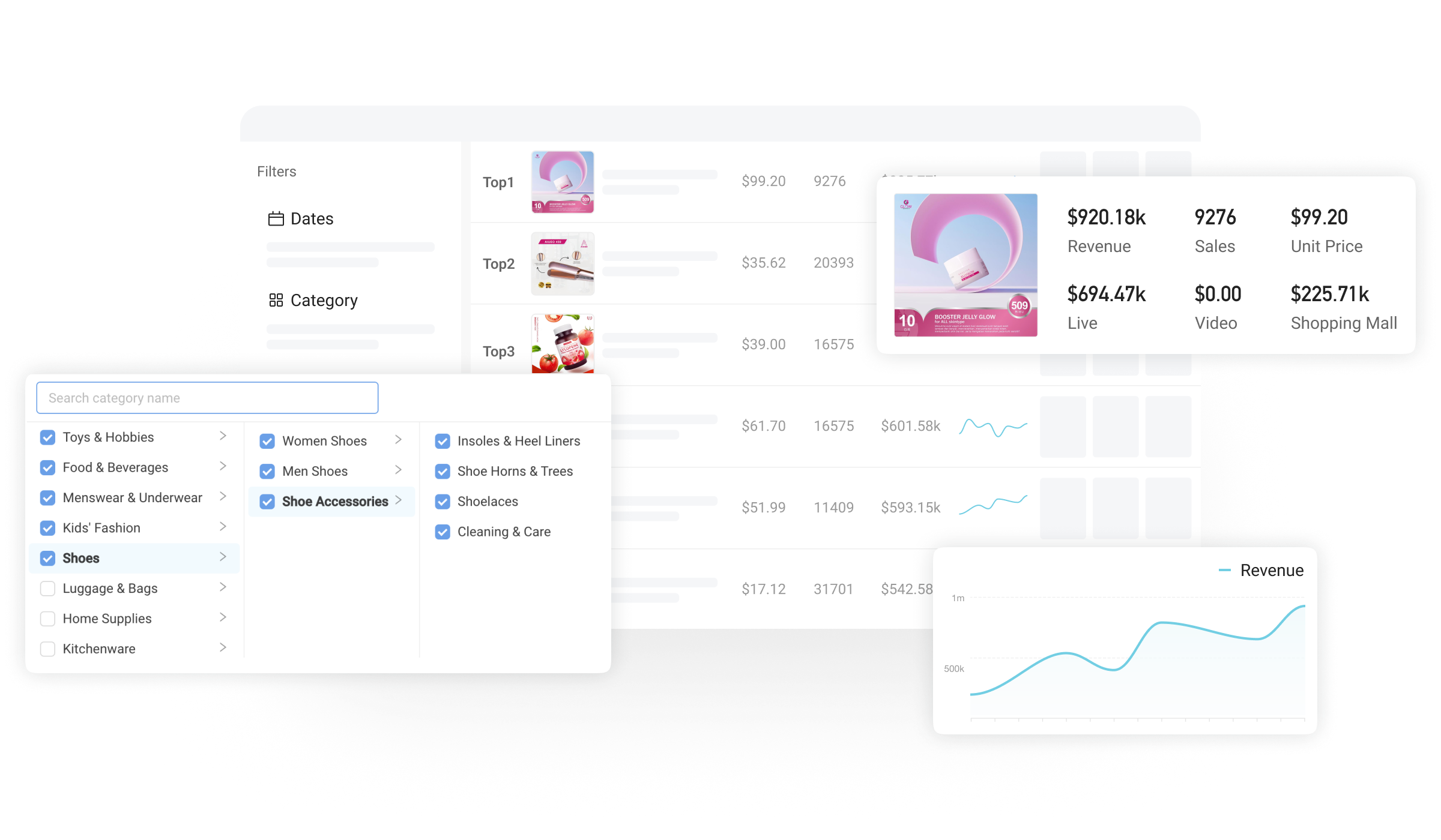 Kalodata dashboard showing TikTok Shop brand rankings, revenue trends, and product signals