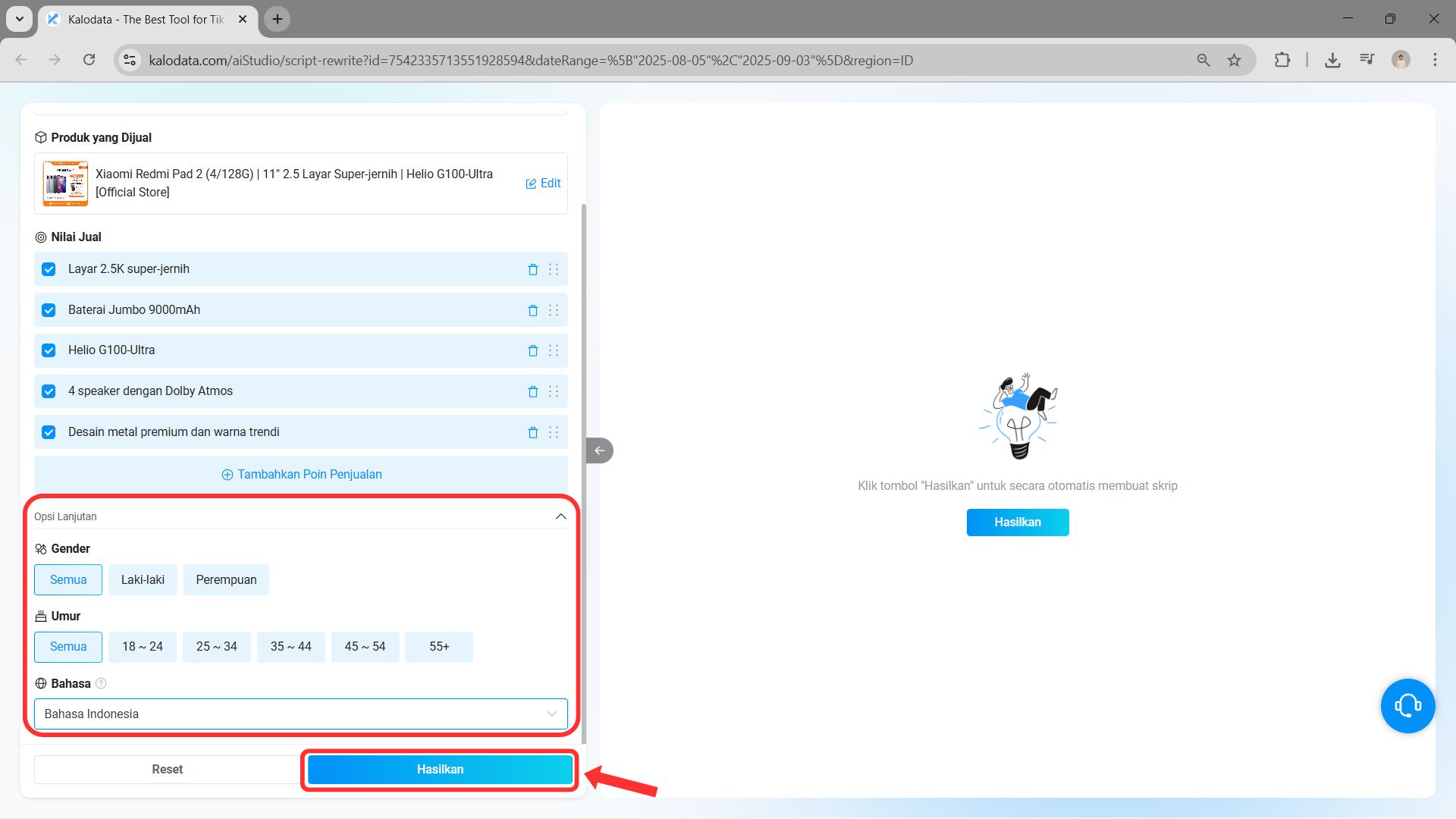 Cara Mudah Bikin Script Konten Pakai Tools Script AI dari Kalodata ...